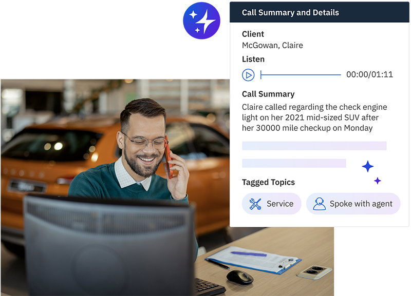 Image of salesman sitting at computer in dealership, listening to a voicemail on his cell phone. Call summary overlaid on top of image.