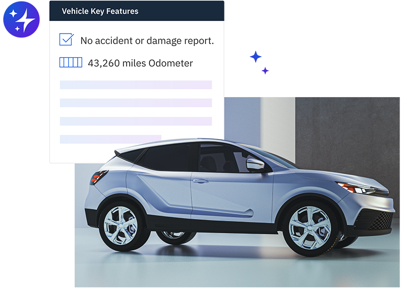 Photo of modern SUV in dealership showroom. Vehicle history report overlaid on top of photo.