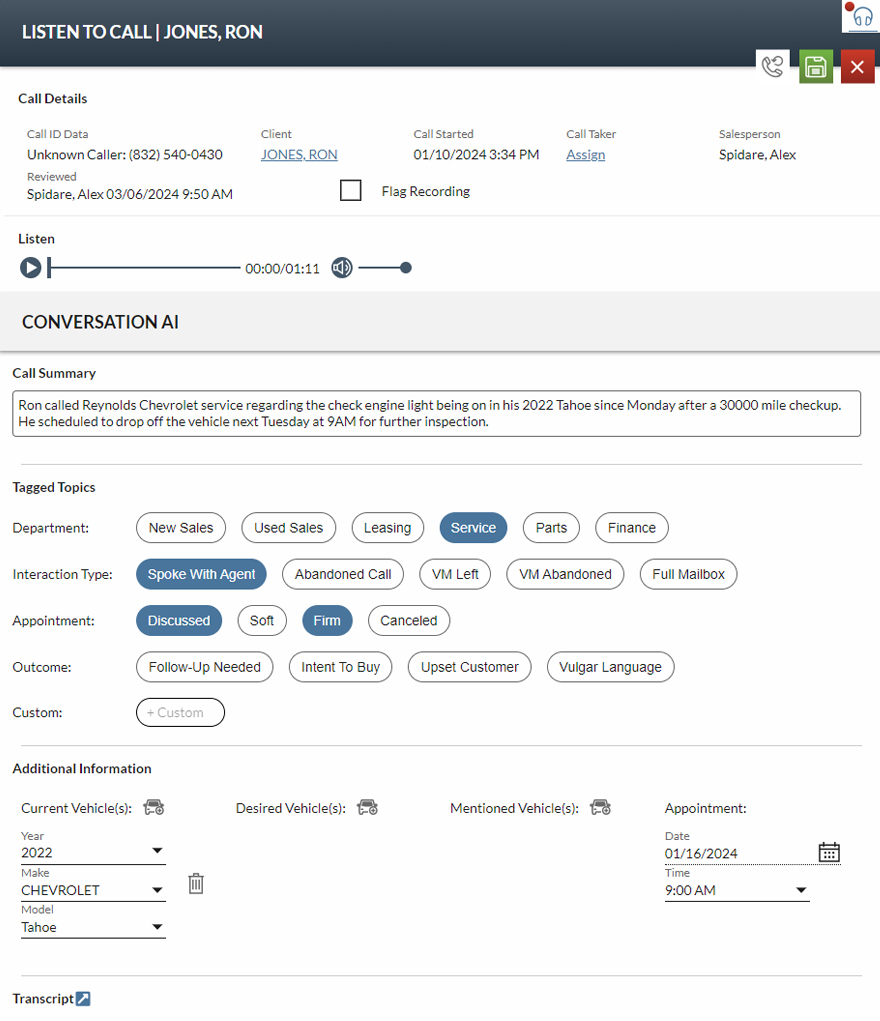 Conversation AI FOCUS Profile view.