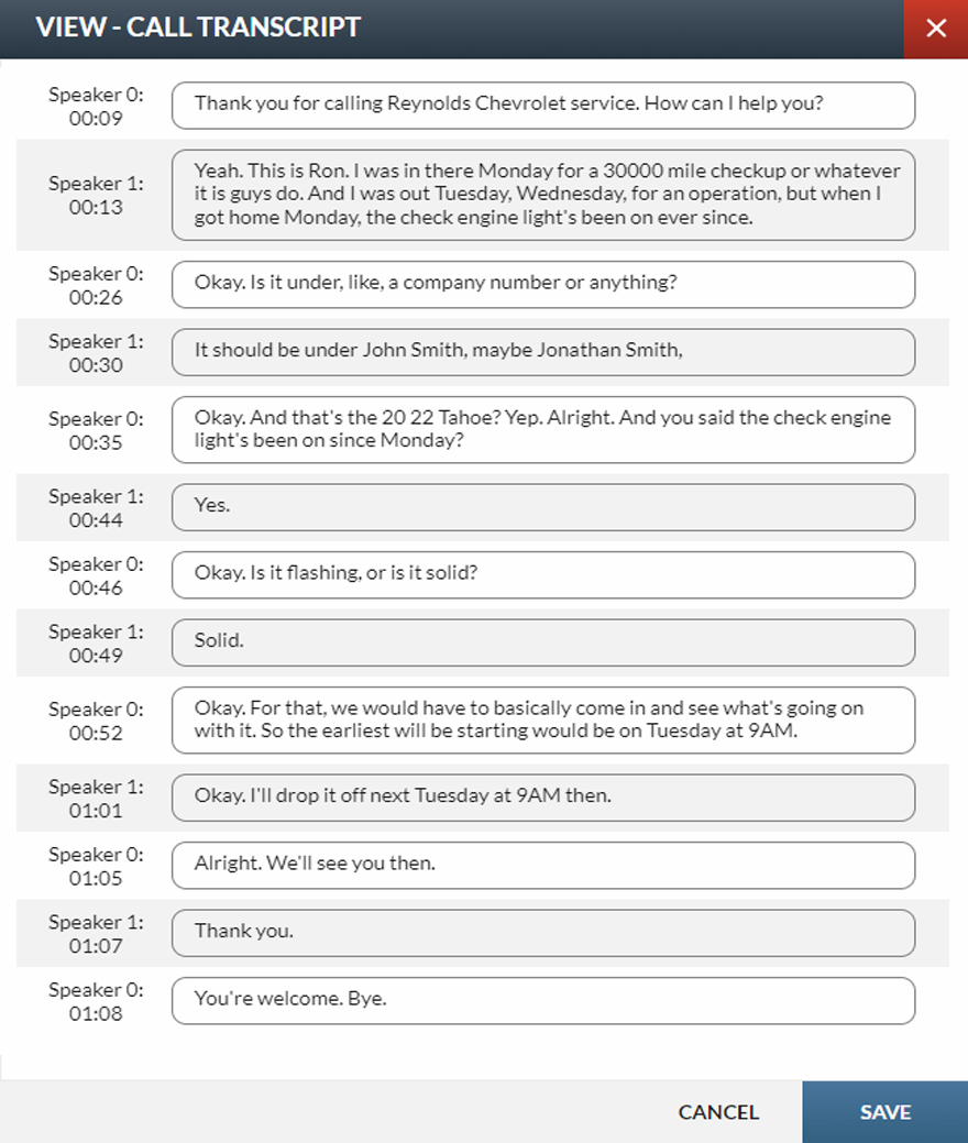 Example of a Conversation AI call transcript.