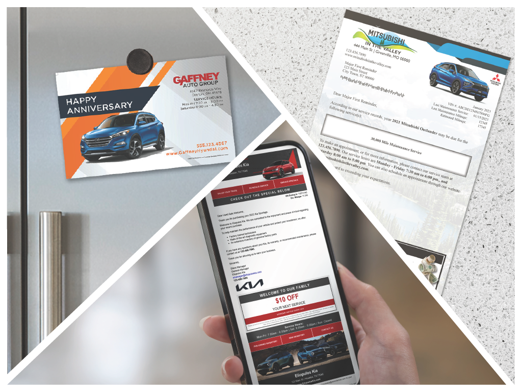 RDS product collage of automated reminders including email, postcard, and letter